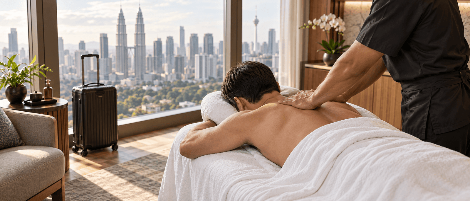 Jet-lagged traveller enjoying a therapeutic massage with the Kuala Lumpur skyline